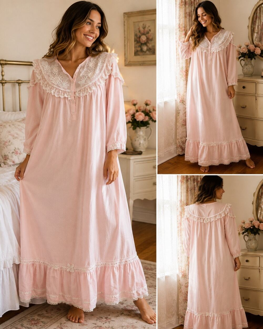Vintage Pink Prairie Nightgown  White Lace Embroidered Cottagecore Romantic